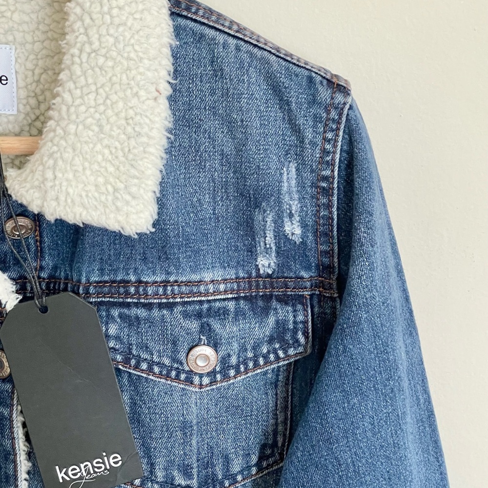 NEW Kensie Jeans Fur Lined Distressed Button Trucker Jacket Women’s Large - Picture 5 of 11
